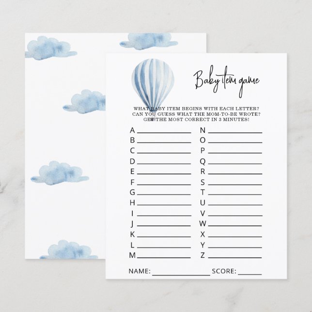 Papier Jeu d'article bébé montgolfière. Jeu de Baby Showe (Devant / Derrière)