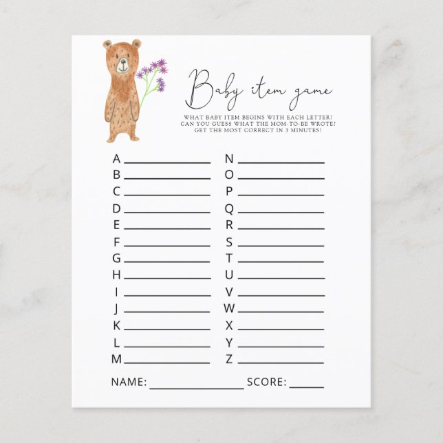 Papier Jeu d'article pour bébé. Jeu baby shower (Devant)