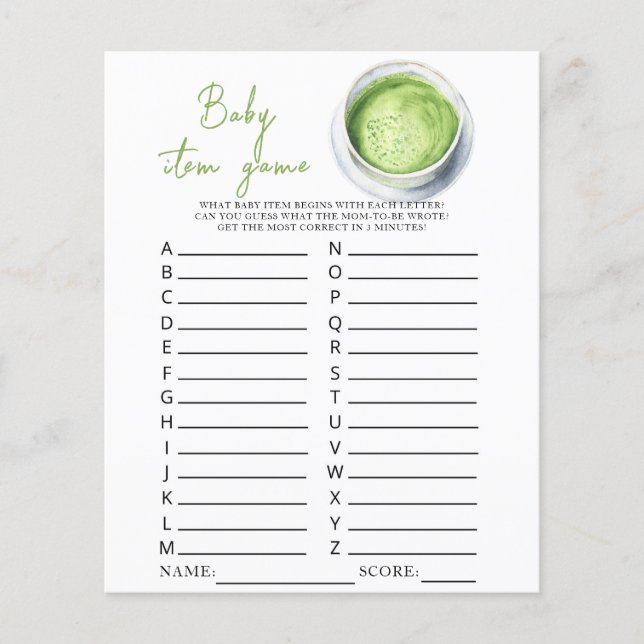 Papier Jeu d'articles bébé shower matcha aquarelle (Devant)