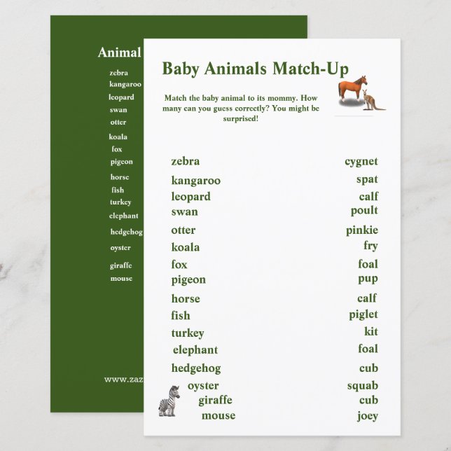 Papier Jeu d'assortiment sur le thème des animaux (Devant / Derrière)