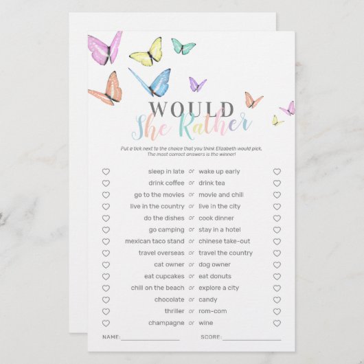 Papier Jeu de Baby shower à papillon mou (Devant / Derrière)