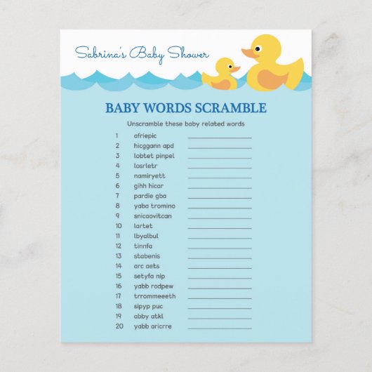 Papier Jeu de Baby shower à thème en caoutchouc (Dos)