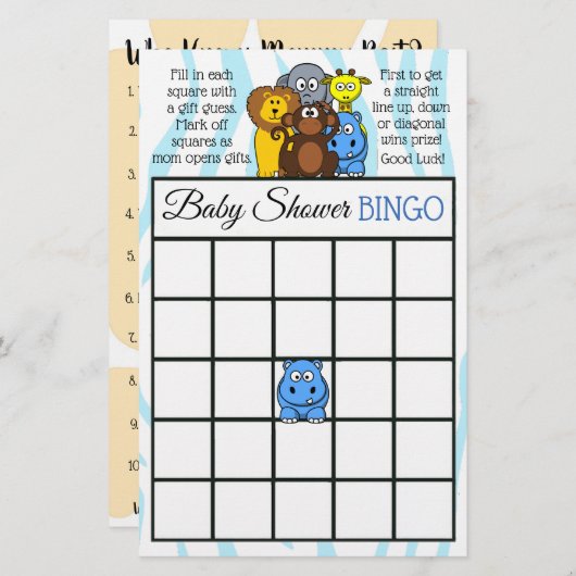 Papier Jeu de baby shower à thème Jungle ou Zoo Animaux (Devant / Derrière)