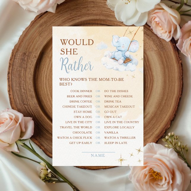 Papier Jeu de Baby Shower "Blue Elephant Would She Rather (Créateur téléchargé)