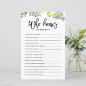 Papier Jeu de baby shower Boho Lemon Qui connaît le mieux (Debout devant)