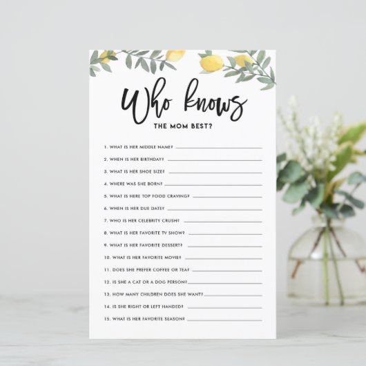 Papier Jeu de baby shower Boho Lemon Qui connaît le mieux (Debout devant)
