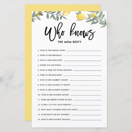Papier Jeu de baby shower Boho Lemon Qui connaît le mieux (Devant / Derrière)