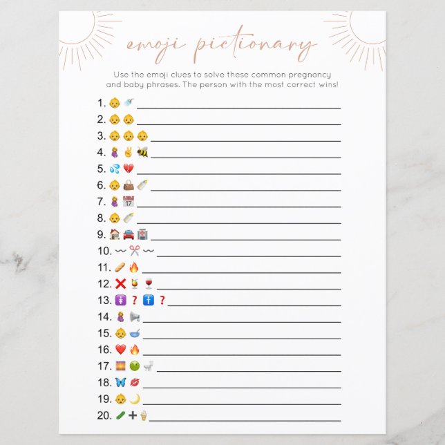 Papier Jeu de Baby Shower Boho Sun Emoji (Devant)