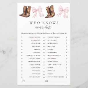 Papier Jeu de baby shower Boots & Bows Qui connaît le mie