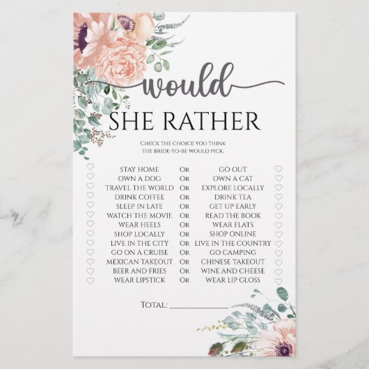 Papier Jeu de baby shower chic rose 'Would she rather'  (Devant)