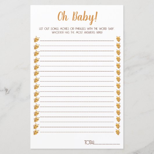 Papier Jeu de Baby shower d'abeilles. Films, chansons, ph (Devant)