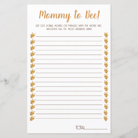 Papier Jeu de Baby shower d'abeilles. Films, chansons, ph (Devant)