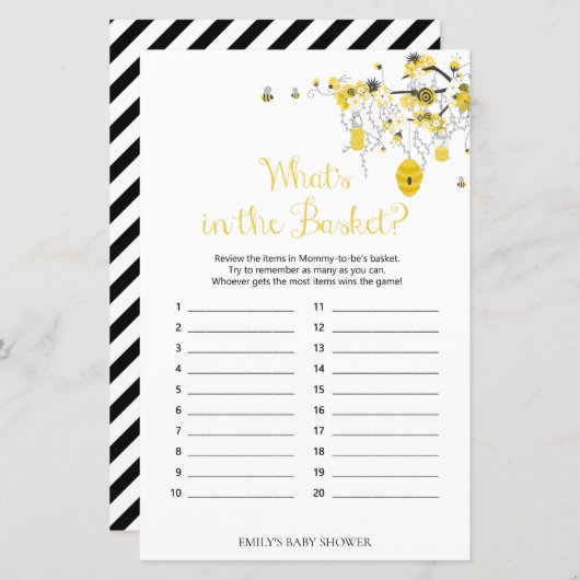 Papier Jeu de Baby shower d'abeilles - What's in the Bask (Devant / Derrière)