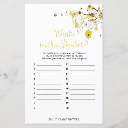 Papier Jeu de Baby shower d'abeilles - What's in the Bask (Devant)