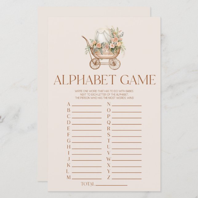 Papier Jeu de Baby shower d'Alphabet de transport Floral  (Devant / Derrière)