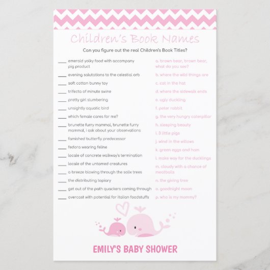Papier Jeu de Baby shower de baleine rose nautique IMPRIM (Devant)