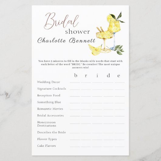 Papier Jeu de Baby Shower de Cocktail Limoncello d'Amour (Devant)