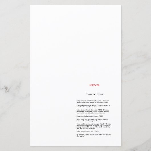 Papier Jeu de Baby shower de cygne IMPRIMÉ (Dos)