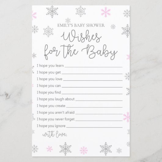 Papier Jeu de Baby shower de flocon de neige rose en hive (Devant)