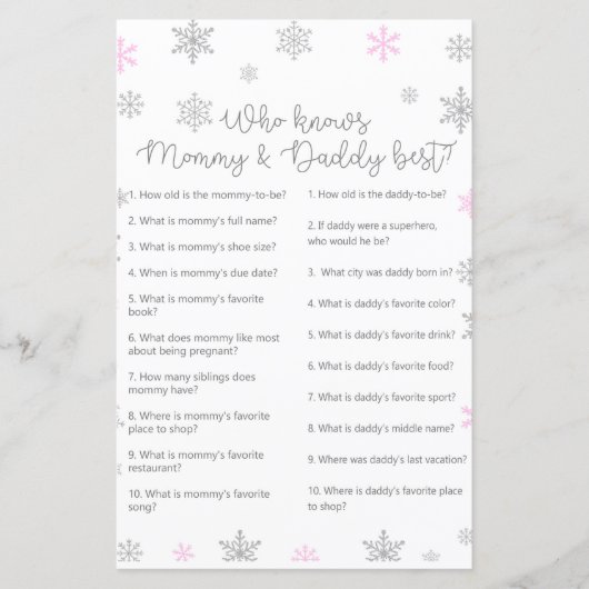 Papier Jeu de Baby shower de flocon de neige rose en hive (Devant)