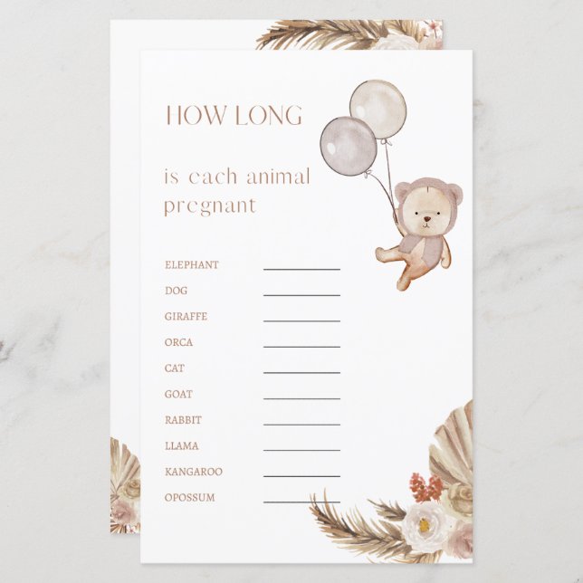 Papier Jeu de Baby Shower de Grossesse Combien de Temps E (Devant / Derrière)