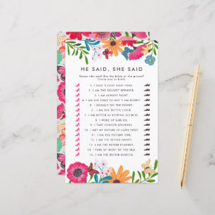 Papier Jeu de baby shower de mariage 'Wildflowers He said
