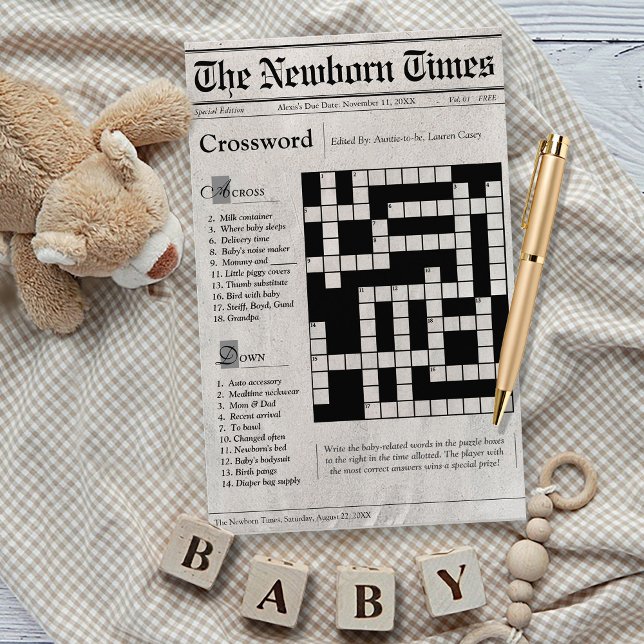 Papier Jeu de Baby shower de mots croisés de journal mign (The Newborn Times cute newspaper theme baby shower baby words crossword puzzle game card, black)