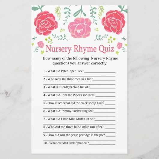 Papier Jeu de baby shower de quiz de la Nursery Rhyme ros (Devant)