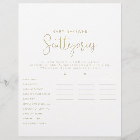 Papier Jeu de Baby shower de script Gold Fancy (Devant)