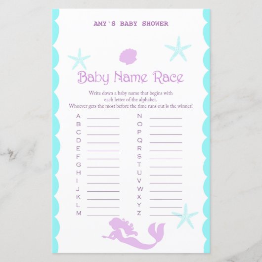 Papier Jeu de Baby shower de sirène imprimé (Devant)