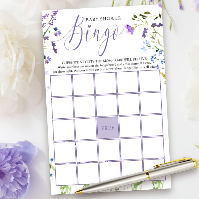 Papier Jeu de Baby shower de  violet Fleur sauvage (Bingo Game Card from my Purple Wildflower Collection.)