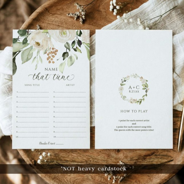 Papier Jeu de Baby Shower : Devine la chanson Fleurs blan (Bridal shower name that tune game card with watercolor floral greenery botanical design)