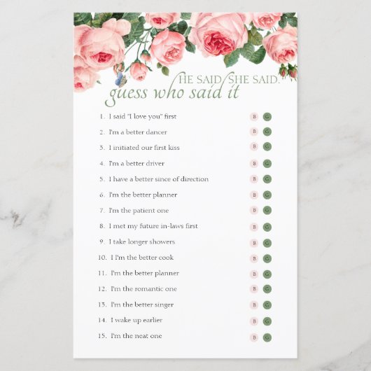 Papier Jeu de Baby Shower Devinez Qui a Dit Rose Rousse (Devant)