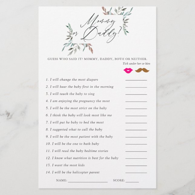 Papier Jeu de Baby shower d'hiver de verdure rustique (Devant)