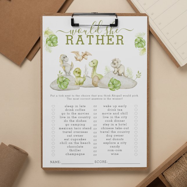 Papier Jeu de baby shower « Dinosaur | Would She Rather » (Créateur téléchargé)