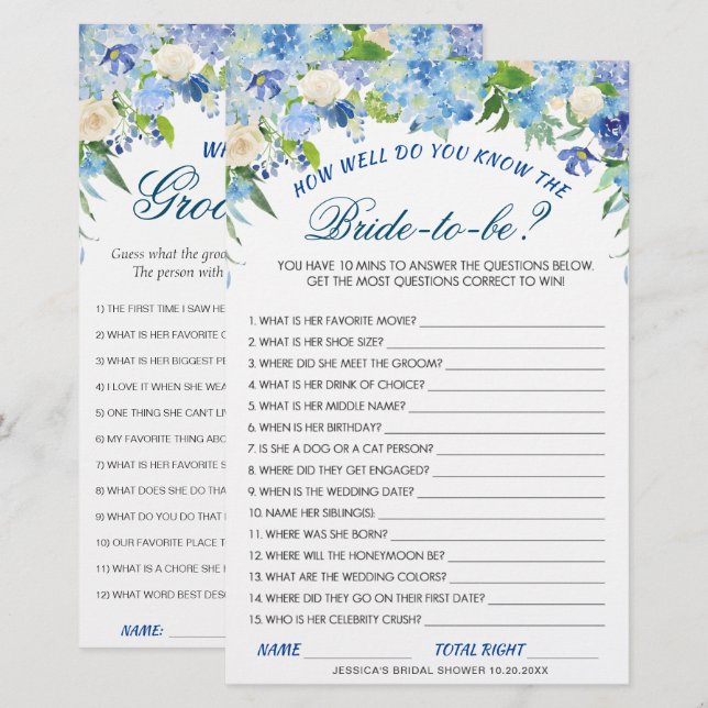 Papier Jeu de Baby Shower DOUBLE FACE Hydrangea Bleue (Devant / Derrière)