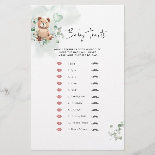Papier Jeu de Baby shower d'ours - Bébé Traits (Devant)