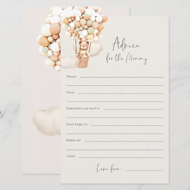 Papier Jeu de Baby shower d'ours - Conseils pour la mère (Devant / Derrière)