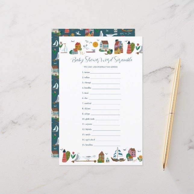 Papier Jeu de Baby shower du mot nautique côtier (Devant/Arrière en situation)