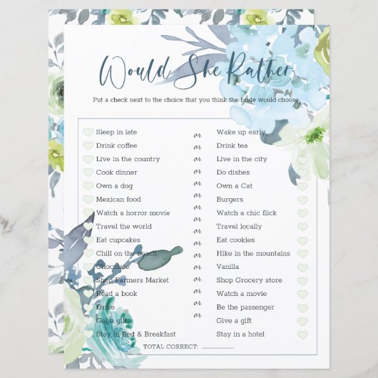 Papier Jeu de Baby Shower Elle Préfèrerait Bleu Clair (Devant / Derrière)