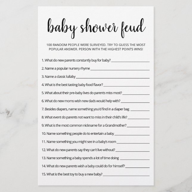 Papier Jeu de Baby Shower Feud avec réponses (Devant)