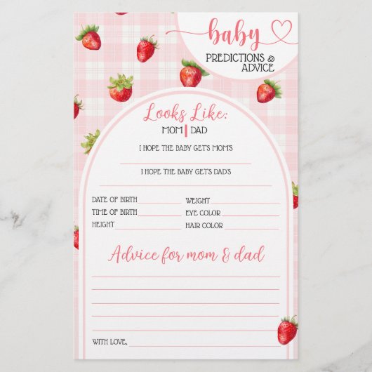 Papier Jeu de Baby Shower Fille Rustique Douce Fraise (Devant)