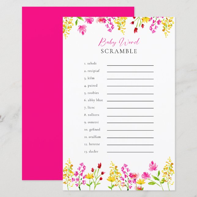Papier Jeu de Baby shower Fleur sauvage Word Scramble (Devant / Derrière)