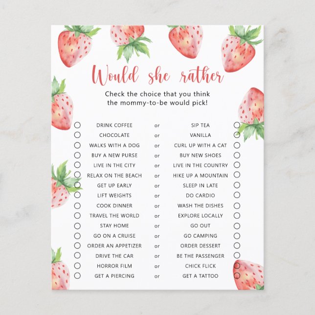 Papier Jeu de baby shower « Fraise / Préfèrerait-elle » p (Devant)