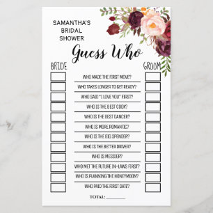 Papier Jeu de Baby Shower Guess Who Marsala Flowers