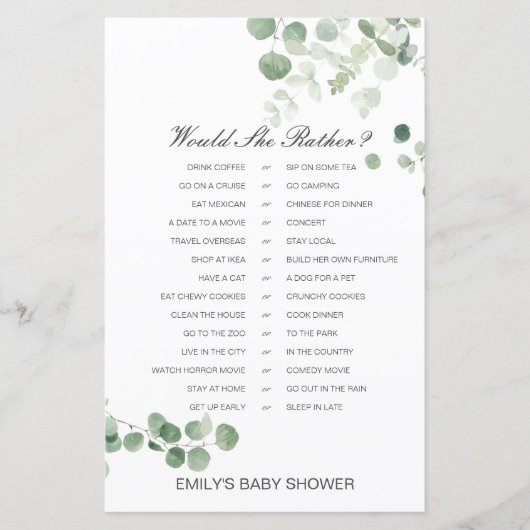 Papier Jeu de Baby Shower Imprimé 'Would She Rather' (Devant)