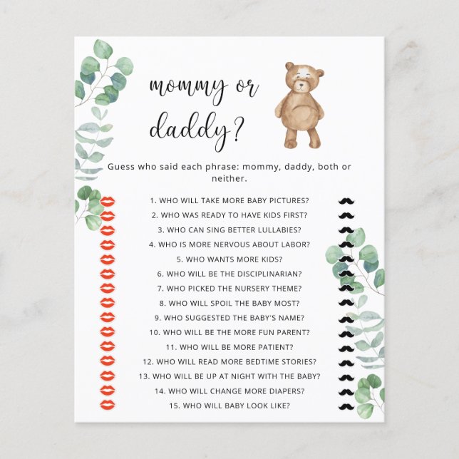 Papier Jeu de baby shower « Maman ou papa ours » (Devant)