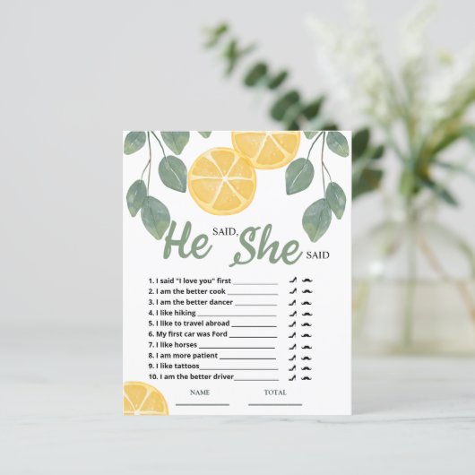 Papier Jeu de Baby Shower Mariage Citron 'Il a dit Elle a (Debout devant)