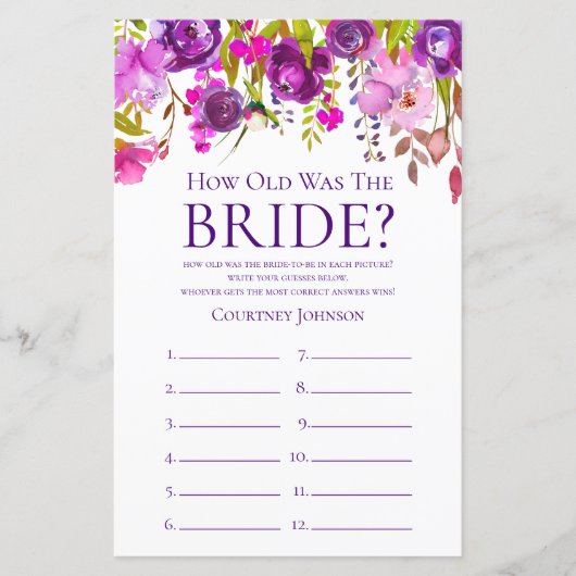 Papier Jeu de Baby Shower Mariage Fleurs Violettes (Devant)