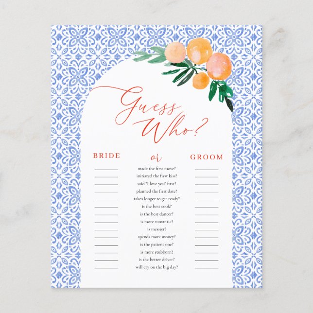 Papier Jeu de Baby Shower Mariage Guess Who Orange Spritz (Devant)